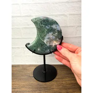 Moss Agate Moon on Stand – Natural Stone #83