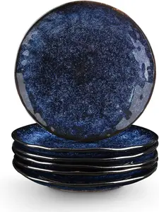 vicrays Ceramic Dessert Salad Plates, 8 Inch, Set of 6, Round, Oven, Microwave, and Dishwasher Safe, Scratch Resistant, Porcelain Fluted Suitable for Appetizer, Snacks, Home, Restaurant (Blue)