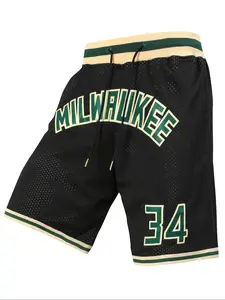 Men's 34 Black Vintage Embroidered Zipper Basketball Jersey Shorts, Casual Fitted Training Pants for Spring & Fall, Moderate Fabric, Size 34