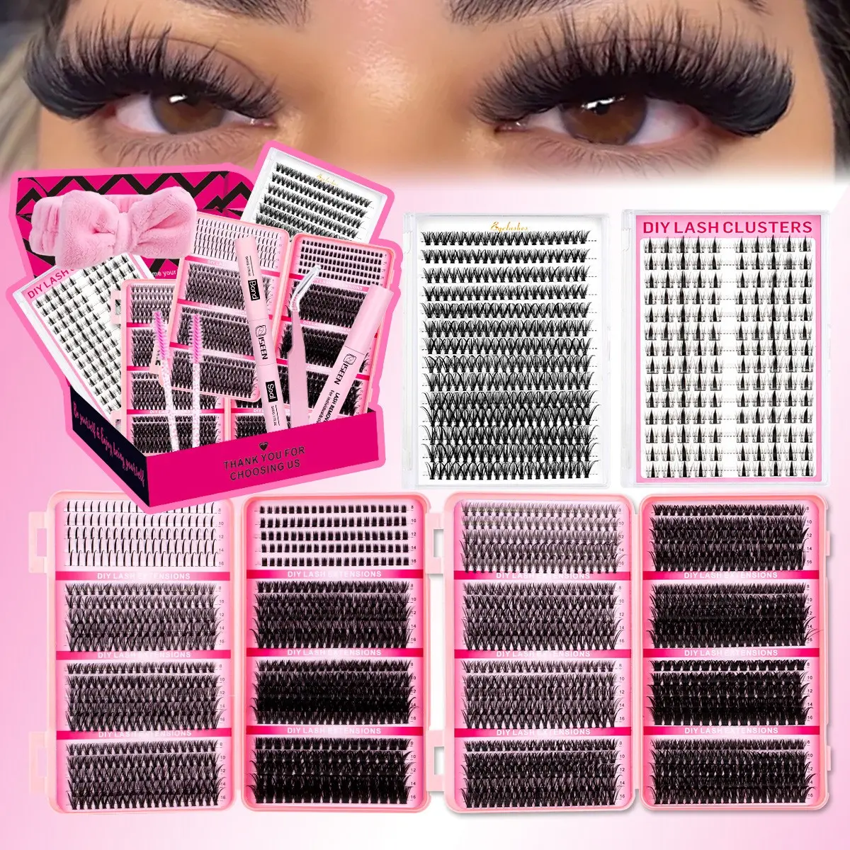 2000pcs D-Curl Lash Clusters Kit, Eyelashes Extension Set, 10 Styles Mixed 8-16mm Spikes/Volume Lashes Eyelash Extension with Bond and Seal, Lash Remover, Lash Brush, Applicator, DIY at Home, Beginner Friendly Lashes, Makeup Tool Kit