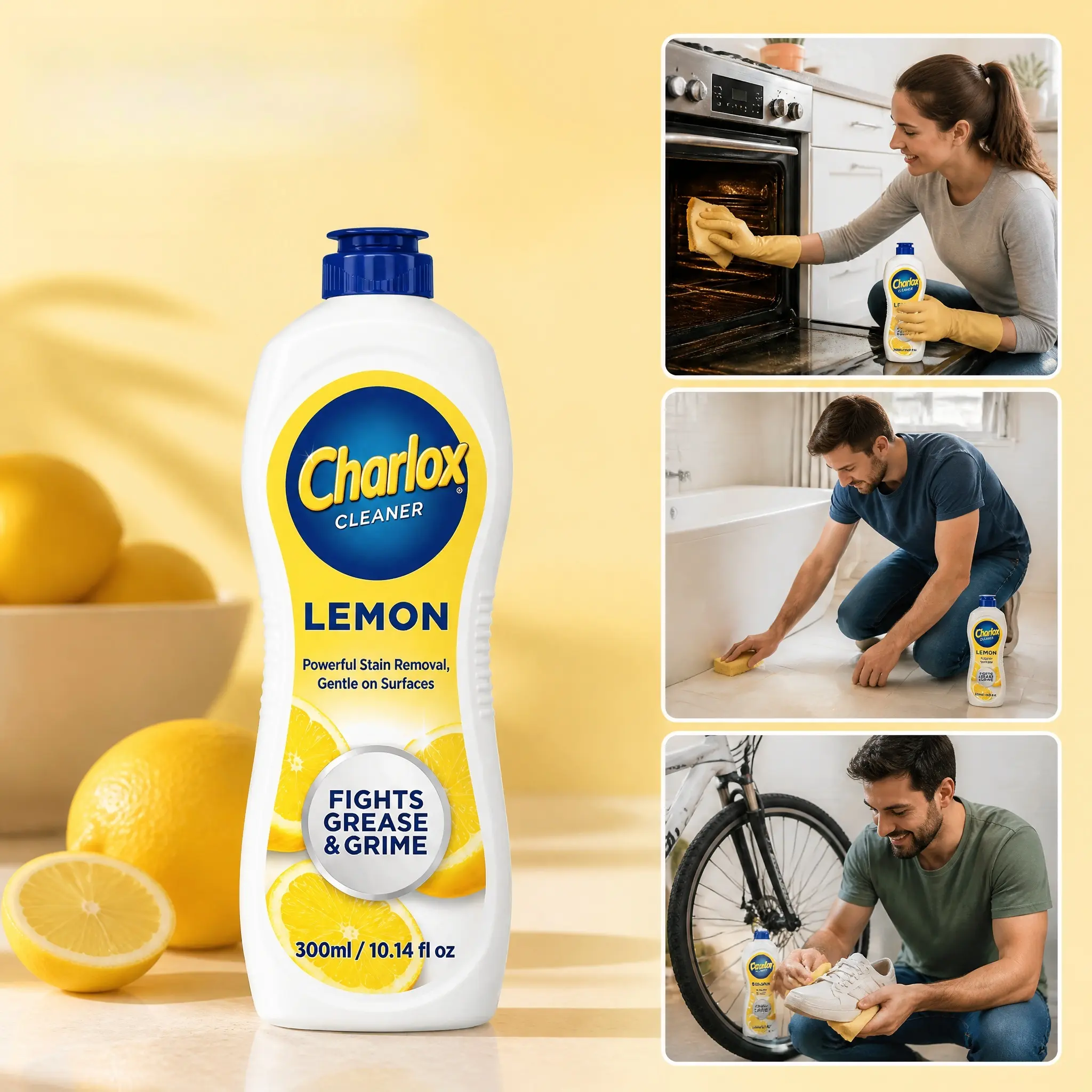 Gentle Multi‑Purpose Liquid Surface Cleaner, Quickly Eliminates Soap Scum, Grease and Stubborn Tough Stains. Perfect for Ovens, Stainless‑Steel Fixtures, Bathtubs, White Sneakers and All Smooth‑Plastic Household Surfaces