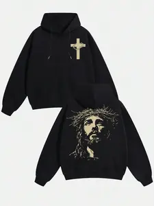 Men's Black "Crown of Thorns & Cross" Christian Graphic Long Sleeve Hoodie Religious Casual Streetwear Pullover | #tiktokshopblackfriday #giftideas Faith-Themed Print Oversized Hooded Top for Daily Wear & Fashion Gifts