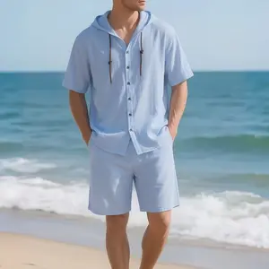 Men's Casual Linen 2-Piece Set, Woven Button-Down Shirt and Drawstring Shorts, Summer Beach Vacation Outerwear