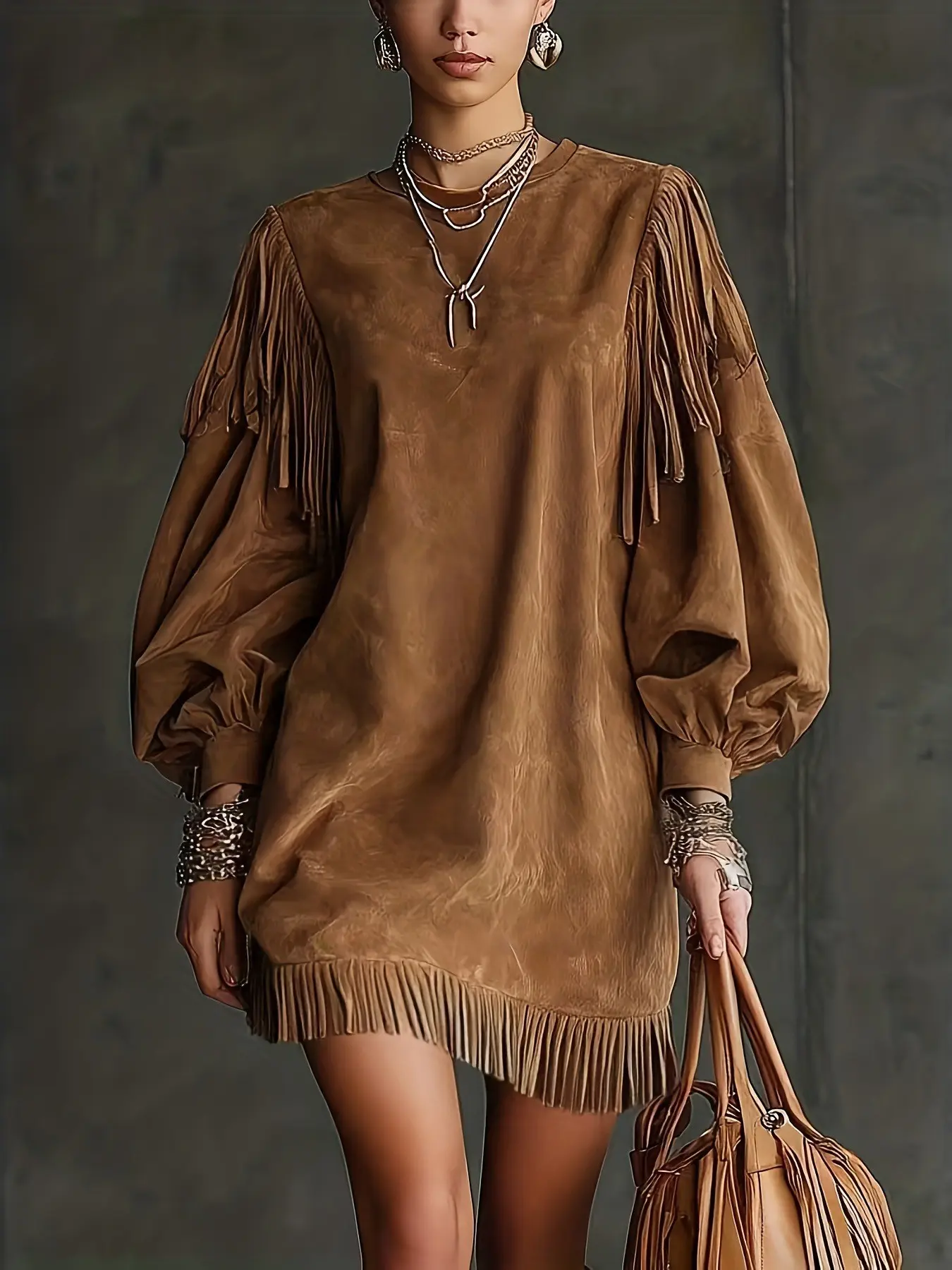 Women's Faux Suede Fringe Mini Dress, Puff Lantern Sleeve Loose Fit Tunic  Dress, Western Bohemian Retro Outfit, Ladies Casual Party Dress,  Womenswear, Oversized Fringe Dress for Festival & Vacation - TikTok Shop