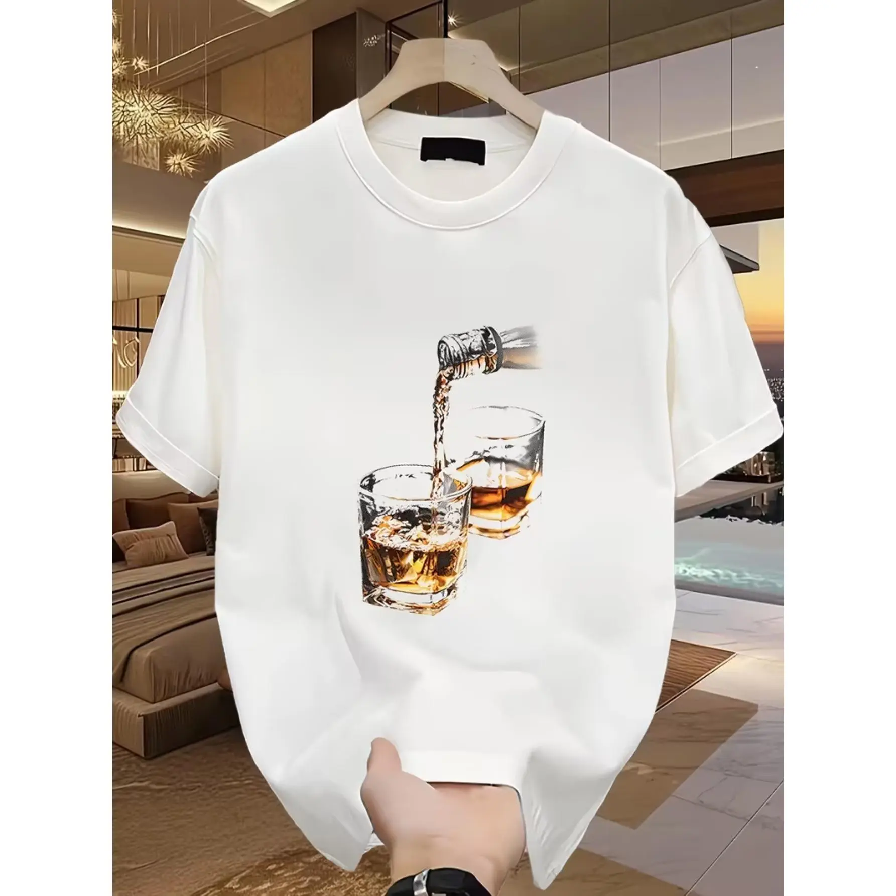 Men'S Casual Short-Sleeve T-Shirt Featuring a Whiskey Flame Graphic - Black And Golden Summer Top, Regular Fit, Hand Wash Only, Comfortable Wear, Round Neck Design
