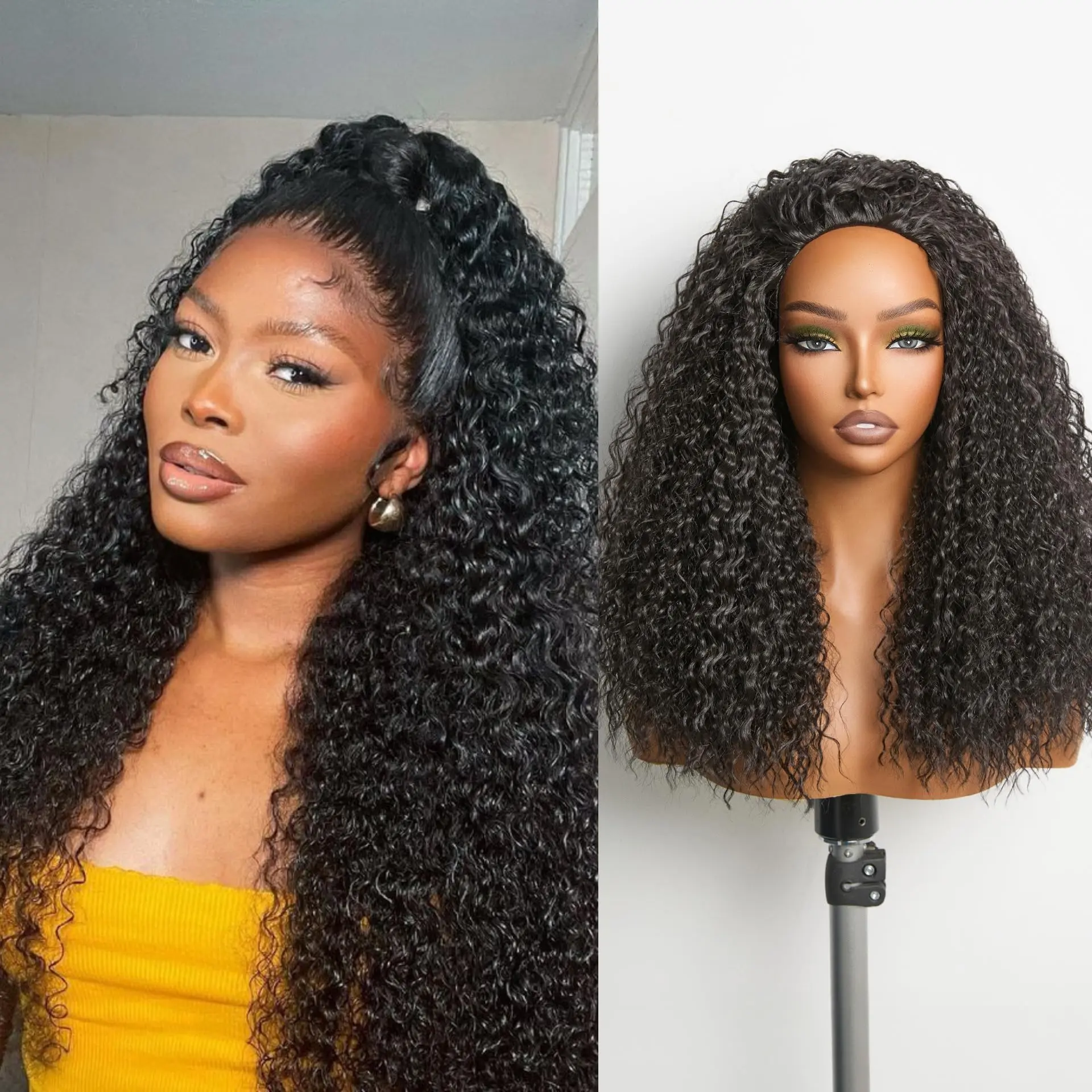 Half Wig Kinky Curly Human Hair Wear And Go Glueless Wigs Natural Black Deep Wave Burmese Curly Human Hair Wigs For Black Women 3 In 1 Half Flexi-Fit Invisi Flip Over Soft Natural Look Light Weight