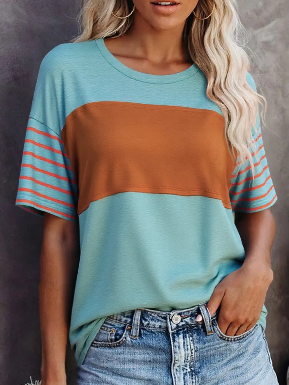 Women's Mint Green Color Block Striped Detail Loose T Shirts, Casual Oversized Shortsleeve Round Neck Top in a Soft Stretchy Fabric, Colorful Style for Work & Leisure, Tshirt
