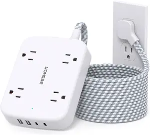 10FT Surge Protector Power Strip, Flat Extension Cord with 2 USB C, Flat Plug Power Strip, 4 Widely Outlets and 4 USB Charging Ports, Outlet Extender, 900 Joules, for Home Office Dorm Room Essentials