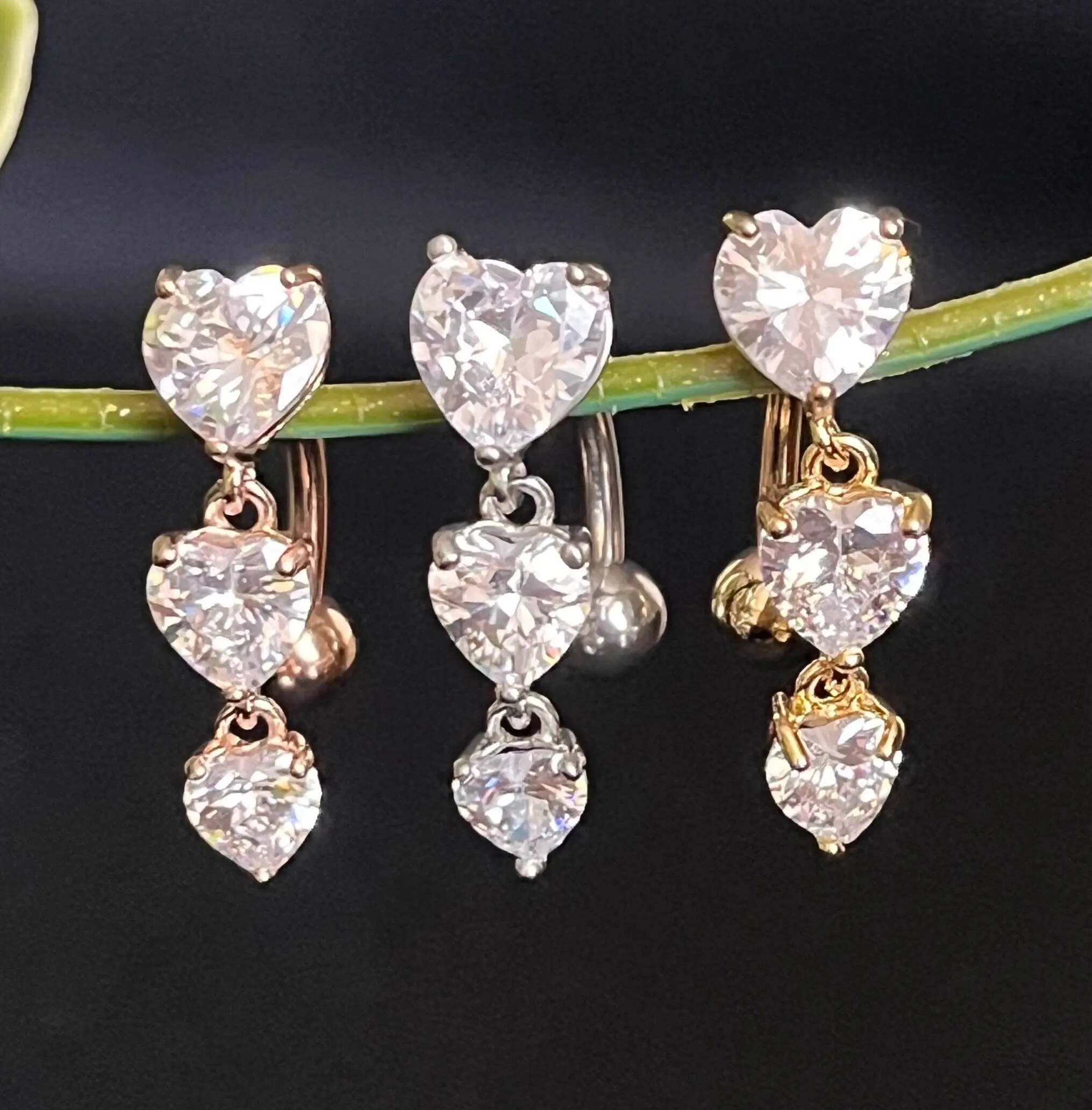 1 Piece Brilliant Triple CZ Gem Hearts Top Drop Dangle Reverse Navel/Naval Belly Ring- 14g - 10mm