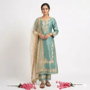 Indian Pakistani Punjabi Suit Women's Womenswear - Green Color, Long Sleeves, Comfortable Fit, Suitable for Costume and Special Occasions - Clothes Style Dress Elegance
