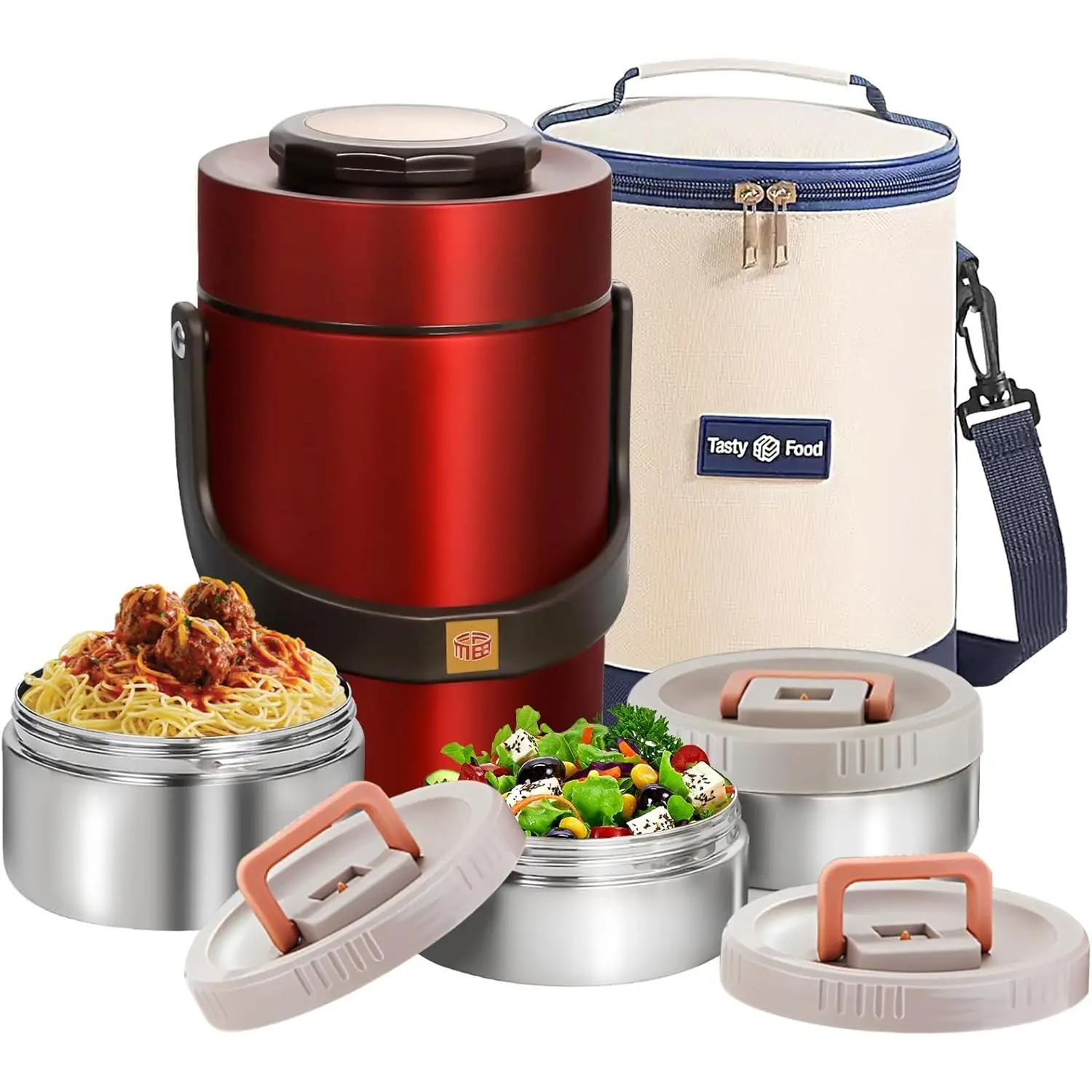 67 oz Adults Stainless Steel Vacuum Insulated Wide Mouth Soup  Thermo Hot  Jar with Keep Thermal Portable 3 Tier Stackable Bento Hot  Containers Lunch Boxes (67 oz Red)