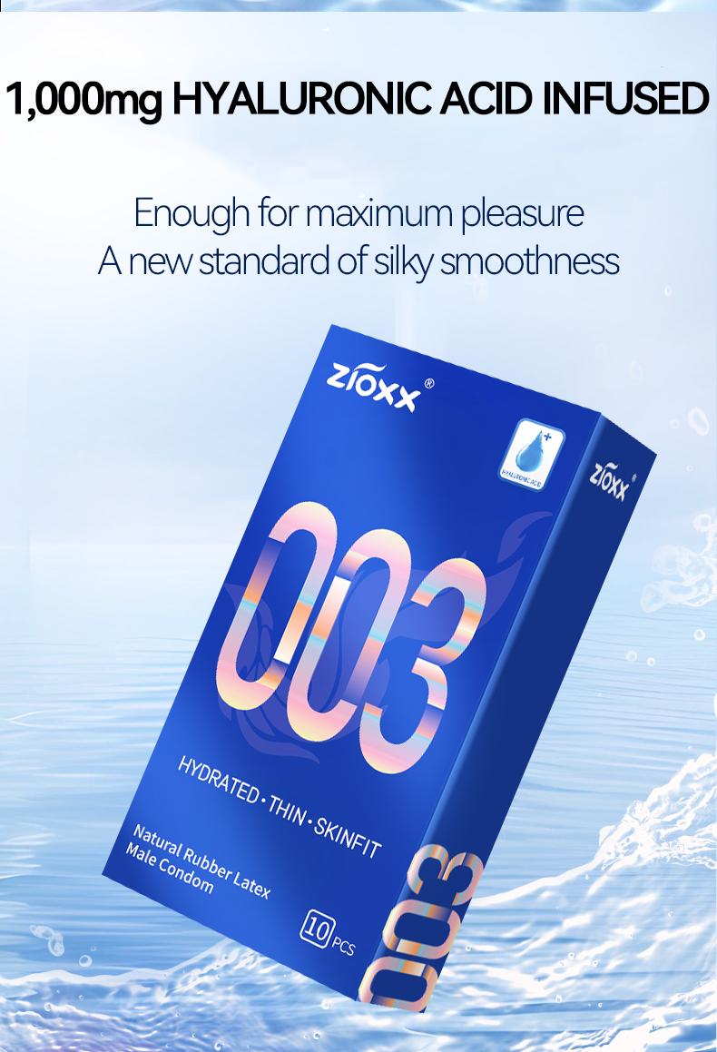 Zioxx 003 Ultra Thin Condoms for Men - Barely There Feel with Hyaluronic Acid Extra Lube, Skinfit Latex, 10 Pack
