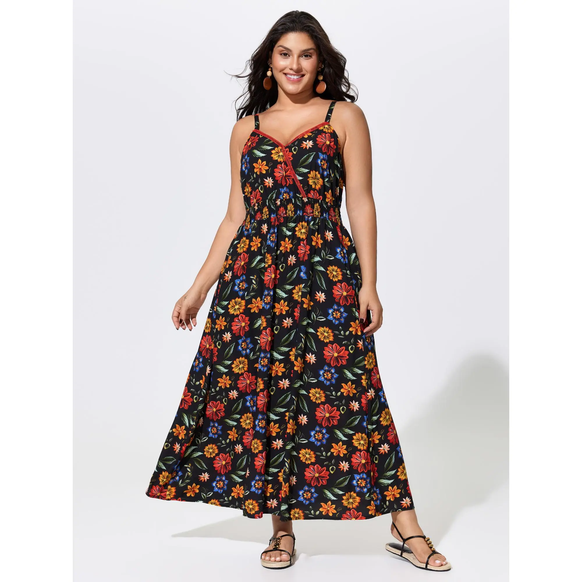 BLOOMCHIC Women's Plus Size Floral Print Shirred Waist Maxi Dress, Maxi Dresses for 2026 Summer, Sizes M-6X