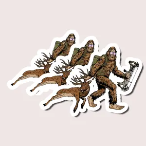Funny Bigfoot Hunter Sticker, Bowhunting Sasquatch with Deer Vinyl Decal, Cryptid Outdoors Sticker for Laptop, Tumbler, Car, Hunting Gift