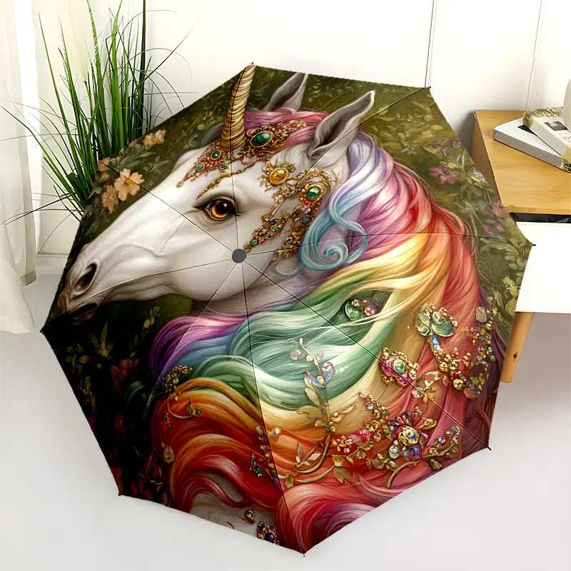 1 PC Automatic Folding Umbrella - Unicorn Fantasy Artwork Pattern, Portable & Foldable Design with 8 Ribs, Merry Christmas Pattern,Casual Outdoor Accessory Halloween and Christmas Birthday Gifts. E0093