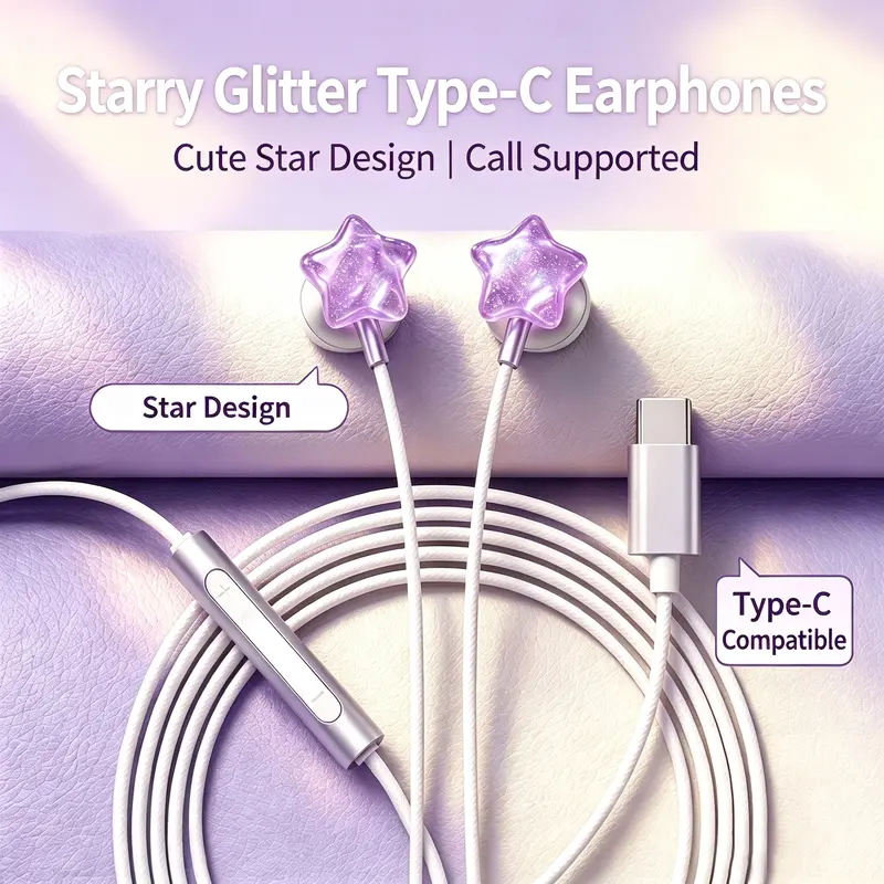 NganGee Angel Wings Wired Earbuds, Cute INS Korean Style DIY Star Semi-in-Ear Earphones with Type-C Plug, Fashion Aesthetic Decorative Wired Headset for iPhone 15/16/17, Stable Connection, Lightweight Daily Use, Earbuds Wired