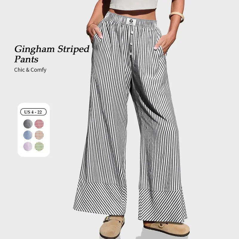 【SS26 Collection】TARSE Womens Gingham Striped Linen Blend Pants Wide Leg Casual Cute Pajama Lounge Bottoms Summer Beach Vacation Plaid Trousers with Pockets Palazzo