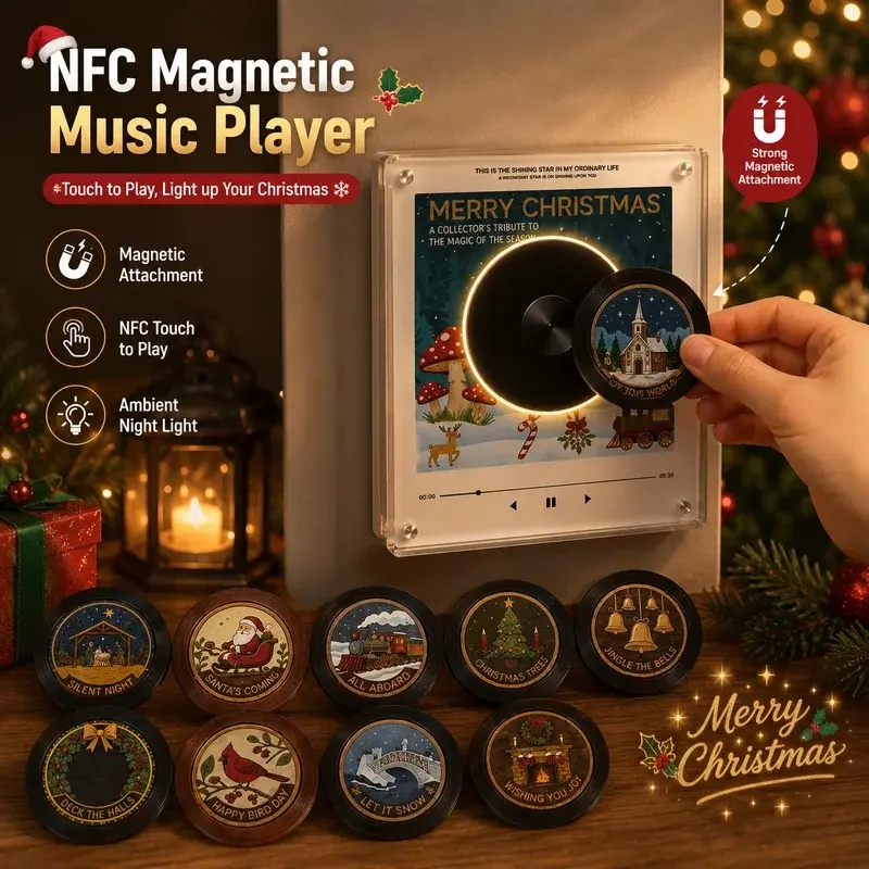 Christmas Fridge Magnet NFC Automatic Singing Record Player With 9 Replaceable Discs&Night Light Fridge Ornament Christmas Gift