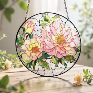 Peony Stained Glass Suncatcher, Mother's Day Gift for Mom, Floral Window Decor, Botanical Pink Flower Hanging, Garden Lover Grandma Gift