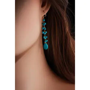 Genuine blue Turquoise Wire Wrapped dangling sleeping beauty tear drop,gold vermeil long  earring.
