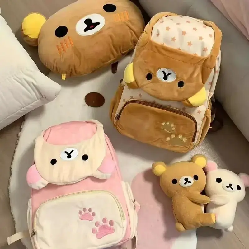 Kawaii Japanese San-X Rilakkuma Plush Flip Backpack Cartoon Large Capacity Bear Girl Jk Lolita Cute Schoolbag Storage Bag Gift