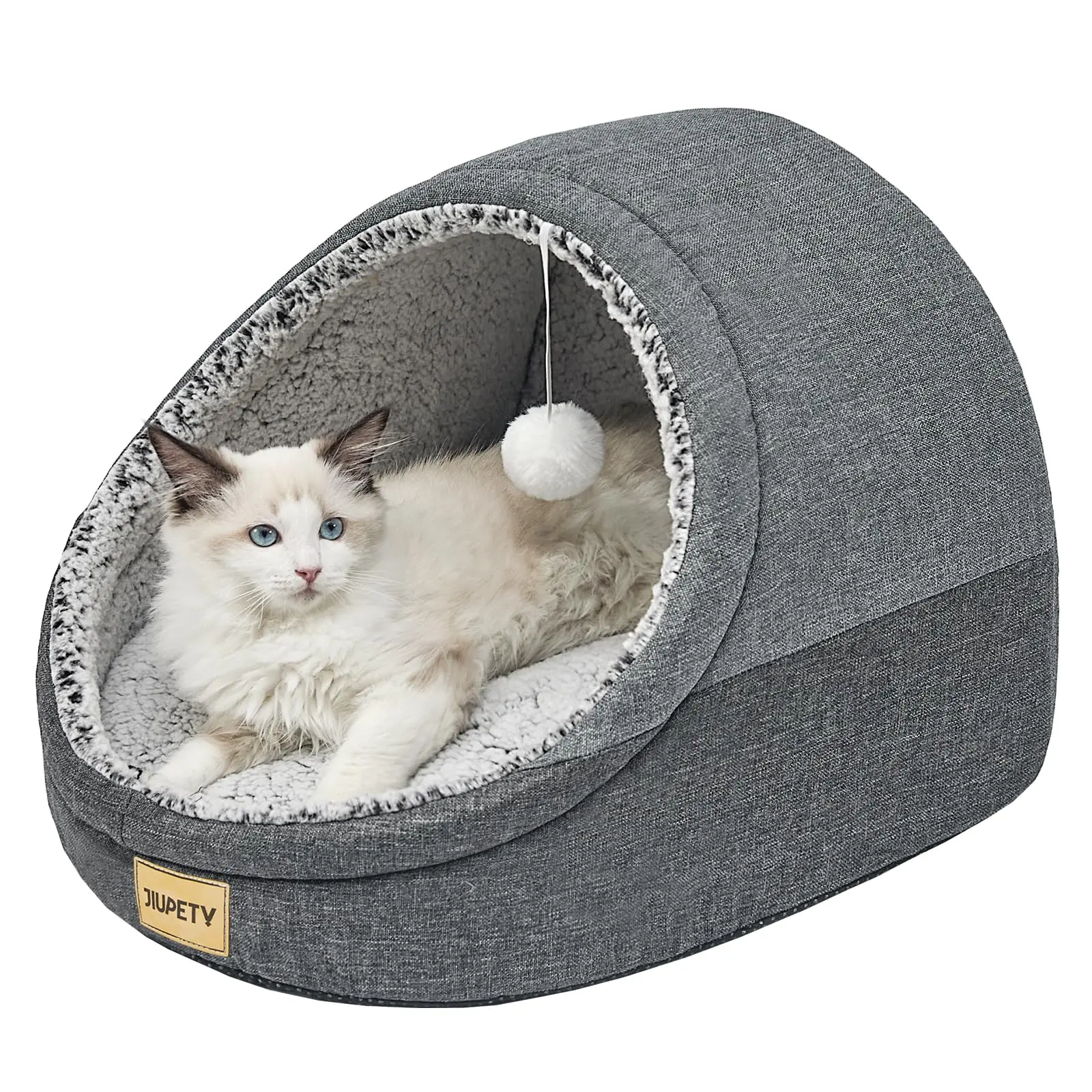 Jiupety Hooded Cat Cave - Dark Gray, Medium, with Secure Hood, Structured Walls, Removable Cushion and Pom Pom Toy