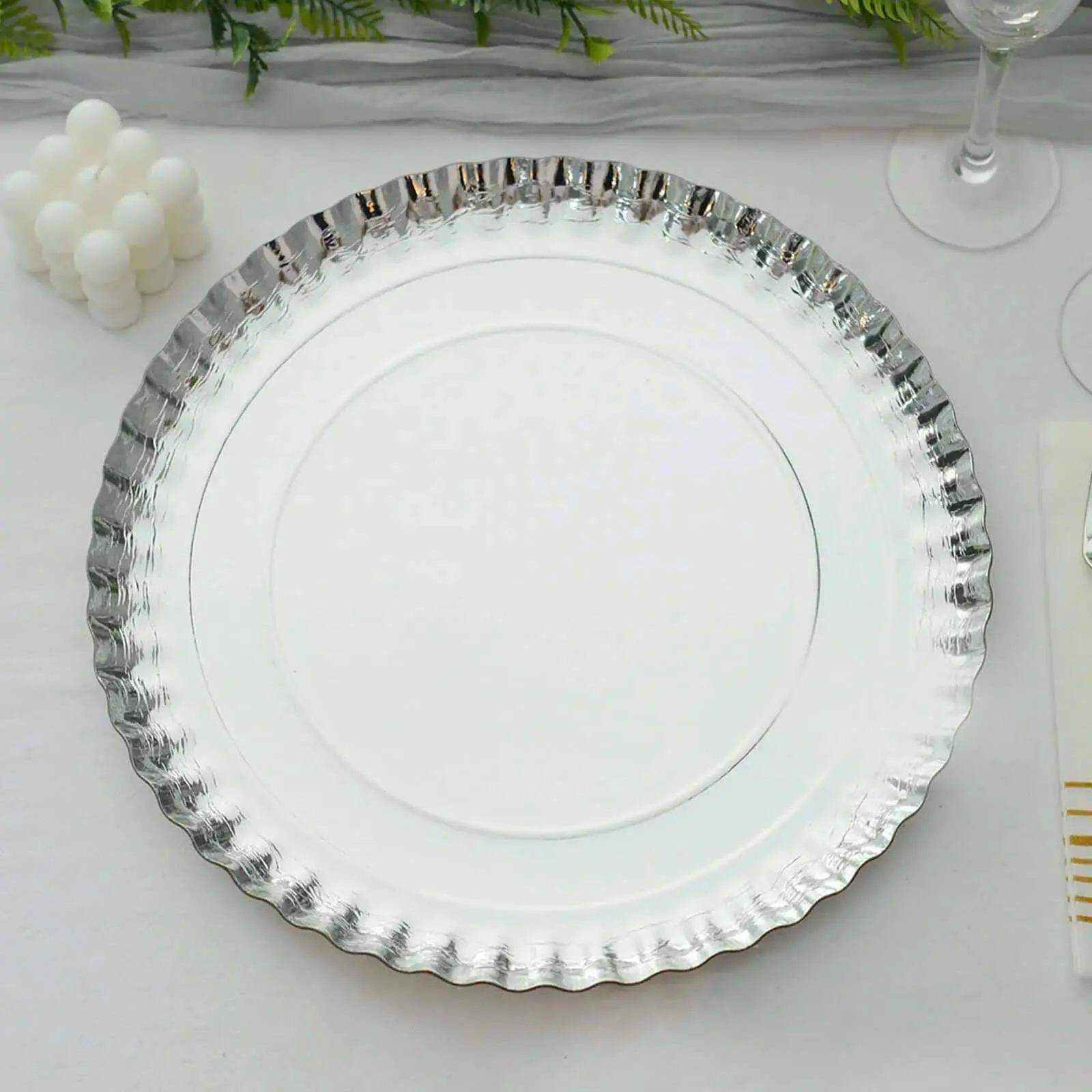 10-Pack Paper Round Charger Plates 13" Silver with Scalloped Rims - 1100GSM Heavy Duty Disposable Serving Trays for Upscale Dinners & Celebrations