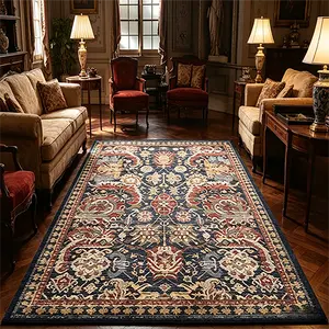Washable Vintage Tribal Area Rugs - 7'x10' Rust and Blue, Stain & Water Resistant, Non-Slip, Kids-Safe, Stylized, Touch-and-Feel, Pet-Friendly for Living Room, Bedroom, Kids-Safe Area Rugs, Rust Area Rugs