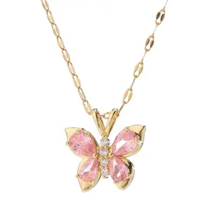 Waterproof Pink Zircon Butterfly Necklace w/ Pink Zircon Stainless Steel ideal holiday christmas gift