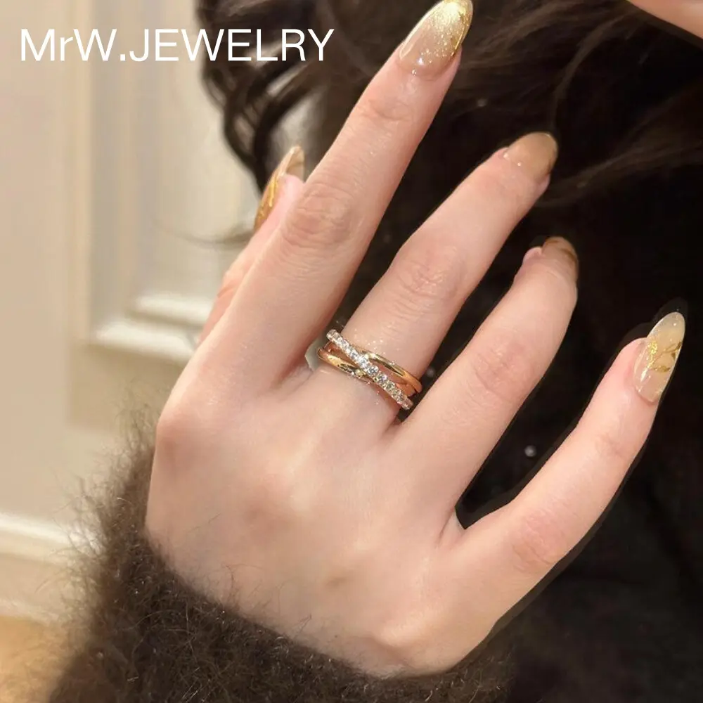 Female Non-Natural Crystal Triple Cross Ring - Light Luxury, Elegant, Inlay Row Diamond, Niche Design, Personality-Driven Open Index Finger Jewelry Accessory