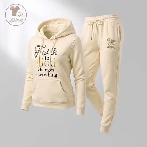 Women's 2-Piece Faith-Forward Style Faith In God Print Hoodie & Free-Move Pants Set, Breathable Athletic Long-Sleeved Hooded Casual Sportswear for Autumn Winter Daily Wear
