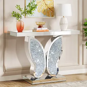 Modern style art butterfly-shaped base with tiny diamonds for entrance table, decorative table, 31.5-inch silver mirror glass entrance counter, luxurious decorative sofa side table suitable for living room, corridor, and entrance.