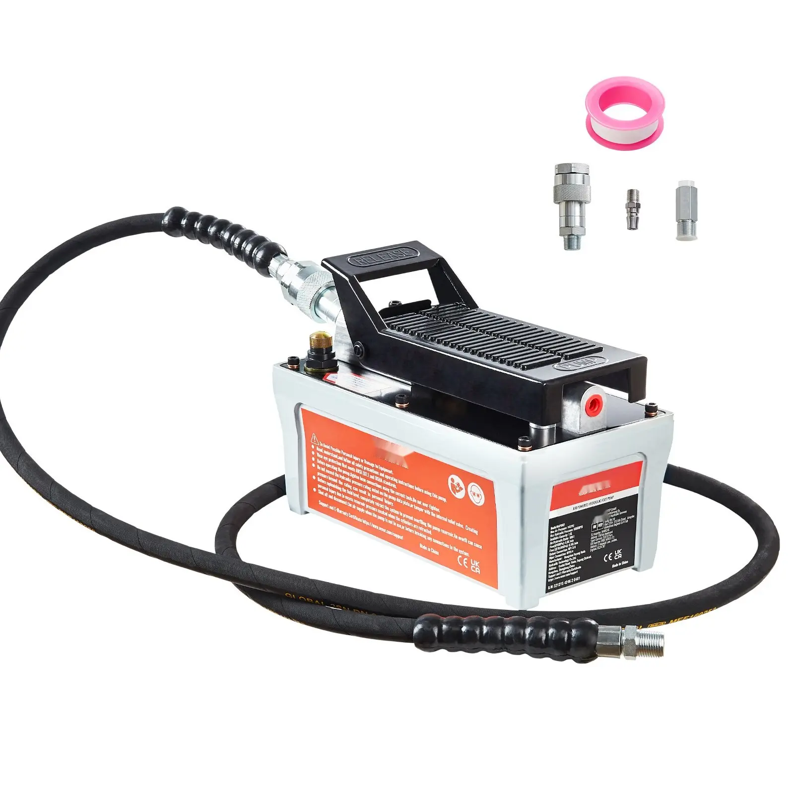 Air Hydraulic Pump With 10,000 PSI Capacity, 1/2 Gallon Reservoir, NPT 3/8-Inch Oil Outlet, NPT 1/4-Inch Inlet, 6.6-Foot Pipe, Foot Actuated Air Treadle For Auto Body Frame Machines And Pulling Posts, Gray