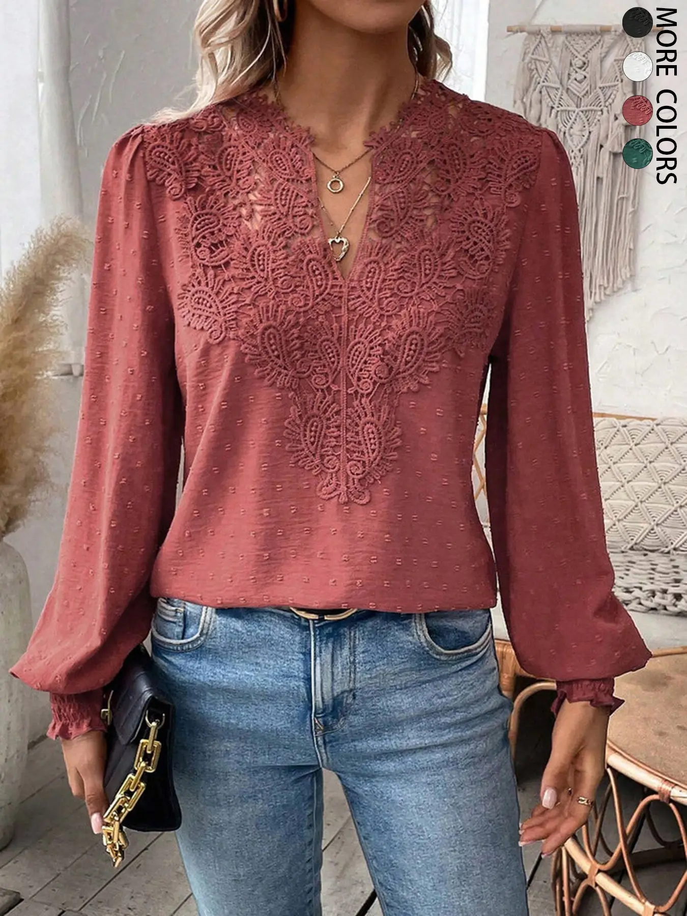 Women's Mixed Pattern Paisley Lace Swiss Dots Smocked Long Sleeve Casual Bishop Sleeve Blouse, Shirt, Top, Feminine Casual Boho Chic Blouse for All Seasons, Everyday, Plain Design, Womenswear