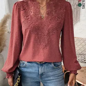 Women's Mixed Pattern Paisley Lace Swiss Dots Smocked Long Sleeve Blouse