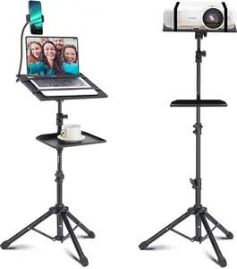 Projector Tripod Stand, 50 Laptop Stand with 2 Shelves for Projector, iPad, DJ Equipment, Portable Adjustable Floor Stand with Gooseneck Phone Holder for Office, , Stage or Studio