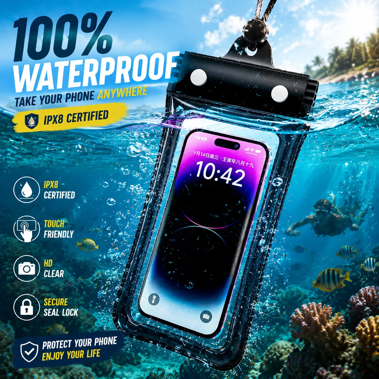 Waterproof Phone Pouch IPX8 Universal Dry Bag with Touch Screen Floating Phone Holder for Swimming Beach Kayaking Boating Travel