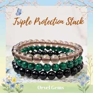 3Pcs 6mm Triple Protection Crystal Bracelet Set – Semi-Precious Natural Stone Beaded Healing Stack for Men & Women | Grounding & Energy Shield Spiritual Jewelry with Tiger’s Eye Black Onyx Hematite Quartz Lapis Obsidian Labradorite Malachite 6mm Beads