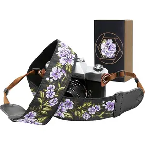 L-WCP010  Purple Flower Camera Strap - 2" Double Layer Cowhide Head Camera Straps for Photographers,Adjustable Neck & Shoulder Vintage Jacquard Embroidery Flower Cotton Strap for all Cameras