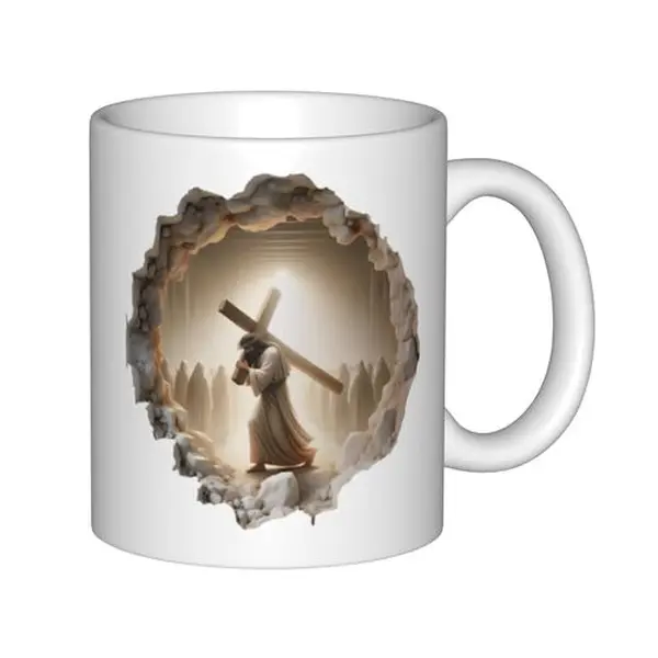 11oz Shiny Traditional Ceramic Mug - 3D Jesus Carrying Cross Design, Cracked Wall Effect, Custom Christian Message Graphic, High-Quality Sublimation Print, Heat-Resistant, Microwave-Safe, Washable, Safe to Sip, Inspirational Christmas Gift for Parents