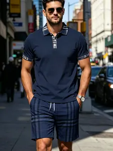 Men's Plaid Checked Polo Set, Plaid Collar Short Sleeve Top + Plaid Drawstring Shorts, High-End Casual Men's Clothing, All over Print