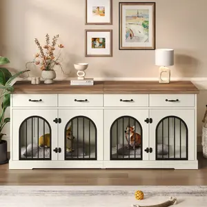 70.8" Large Dog Crate Furniture for 2 Dogs, Dog Kennel Indoor with Removable Divider Door and 4 Storage Drawers, End Table, Dog Crate TV Stand with 4 Doors for Medium Small Dogs, White and  Brown