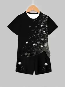 Boys' Silver Star Gradient Sparkle Short Sleeve Set, Summer Casual Two-Piece, Breathable Kids Clothing