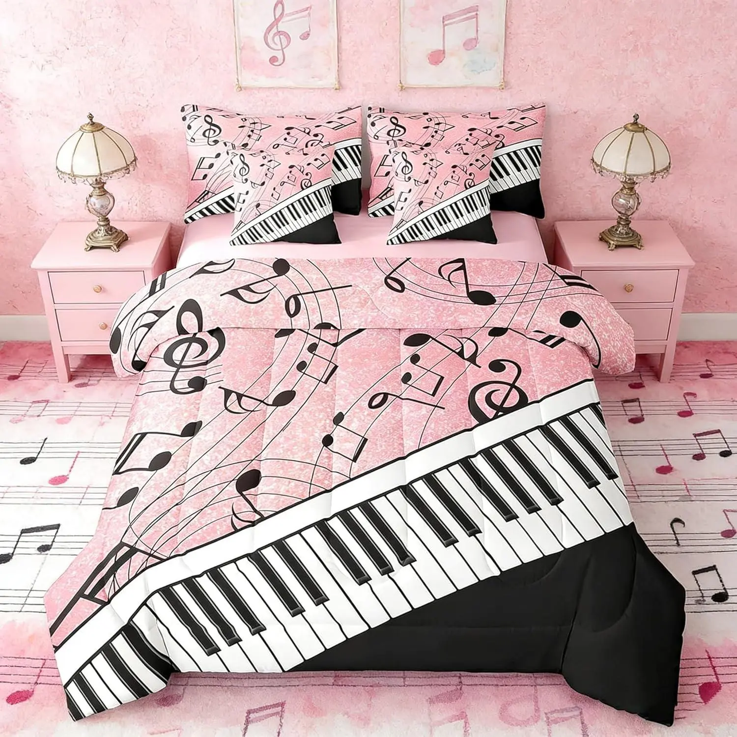 7 Pieces Musical Notes Comforter Set,Black White Piano Key Bedding Set,Music Theme Pink Glitter Print Bed in Bag with Comforter,Sheets and Pillowcases,Kids Girls Room Decor