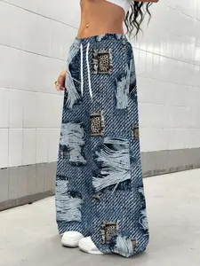 Women's Loose-Fitting Denim Jeans, Distressed Jeans, Drawstring Waist Design, Casual All-Season Wear, Stylish Daily Essential, Pants, Print, Adjustable