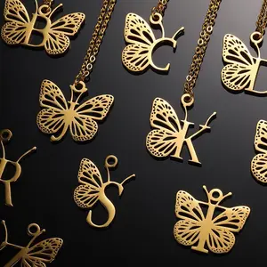 New Stainless Steel Butterfly Wing Letter Pendant Female 26 Letter Necklace Hollow Butterfly Necklace