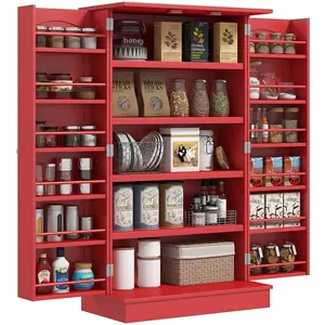 HOMCOM 41" Kitchen Pantry Storage Cabinet Freestanding with 12 Door Shelves Double Doors 5-Tier Shelving Adjustable Shelves Red