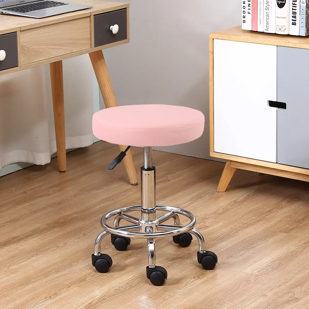 KKTONER PU Leather Round Rolling Stool with Foot Rest Swivel Height Adjustment Spa Drafting Salon Tattoo Work Office Massage Stool Task Chair Pink