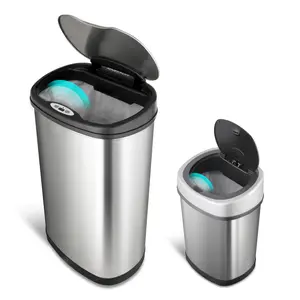 NINESTARS CB-DZT-50-13/12-9 Automatic Touchless Infrared Motion Sensor Trash Can Combo Set, 13 Gal 50L & 3 Gal 12L, Stainless Steel Base (Oval, Silver/Black Lid)
