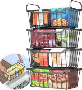 Freezer Organizer Bins with Foldable Handle, 4 Pack Stackable Freezer Baskets for 3.5-7 Cu.FT Deep Chest Freezer Organization, Coated Metal Freezer Storage Bins with Better Space Utilization